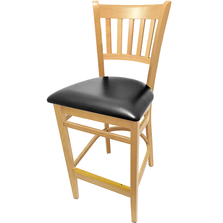 WB102NT-BLK Verticalback Barstool with Solid Wood Frame in Clear Coat finish with black vinyl seat