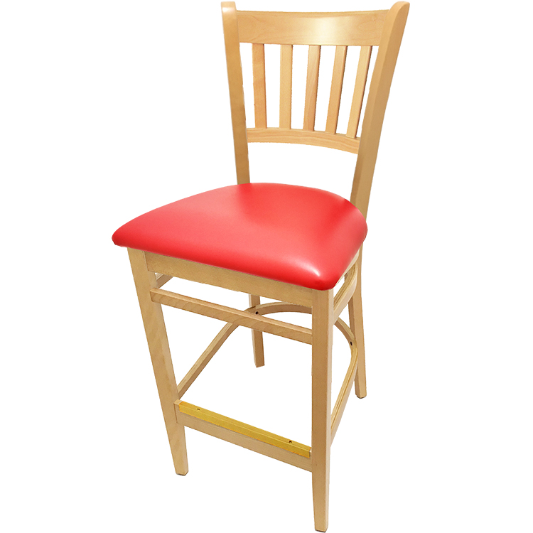WB102NT-RED Verticalback Barstool with Solid Wood Frame in Clear Coat finish with red vinyl seat