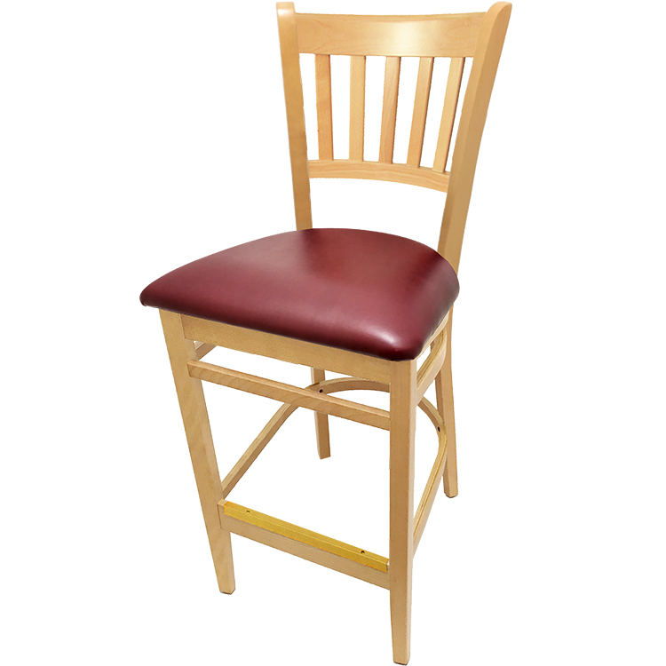 WB102NT-WINE Verticalback Barstool with Solid Wood Frame in Clear Coat finish with wine vinyl seat