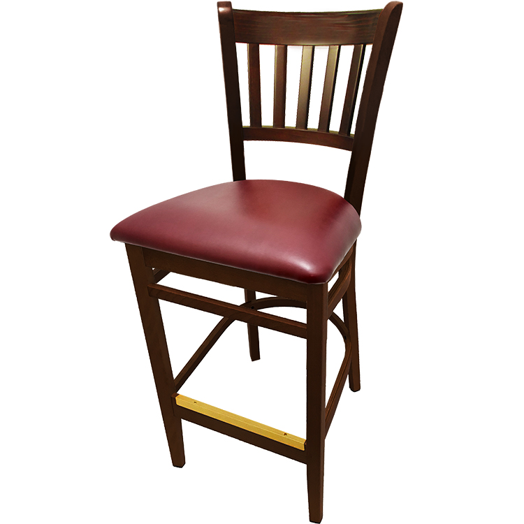 WB102WA-WINE Verticalback Barstool with Solid Wood Frame in Walnut stain with wine vinyl seat seat