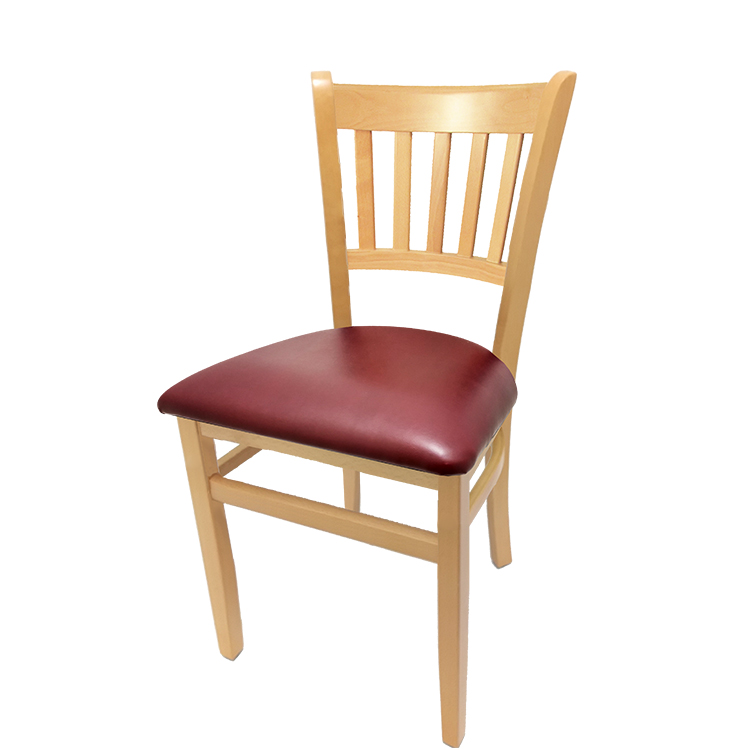 WC102NT-WINE Verticalback Chair with clear coat finish solid wood frame and wine vinyl seat