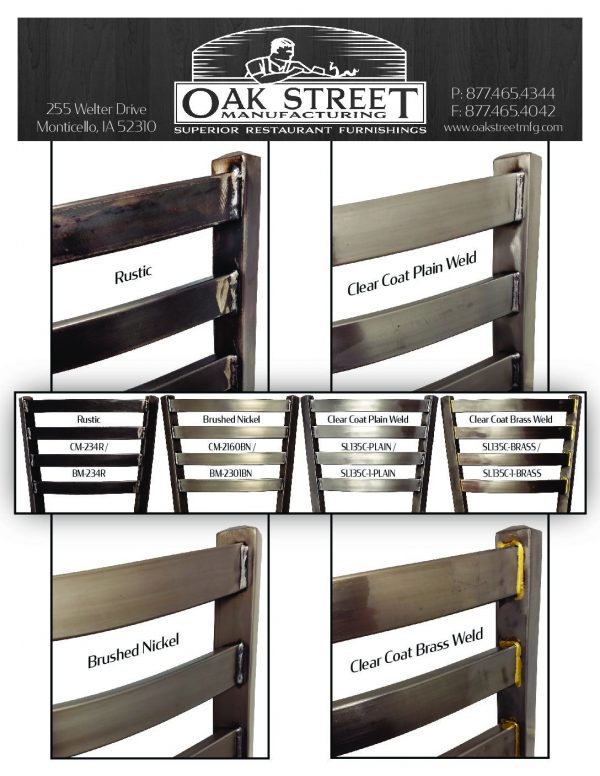 Oak Street Ladderback variations Rustic Brushed Nickel Clear Coat Plain Weld Clear Coat Brass Weld rev 0521 pdf