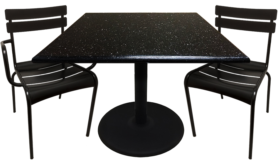 Granite Table Top in Black Galaxy with Black Disc Base and Newport Outdoor Chairs